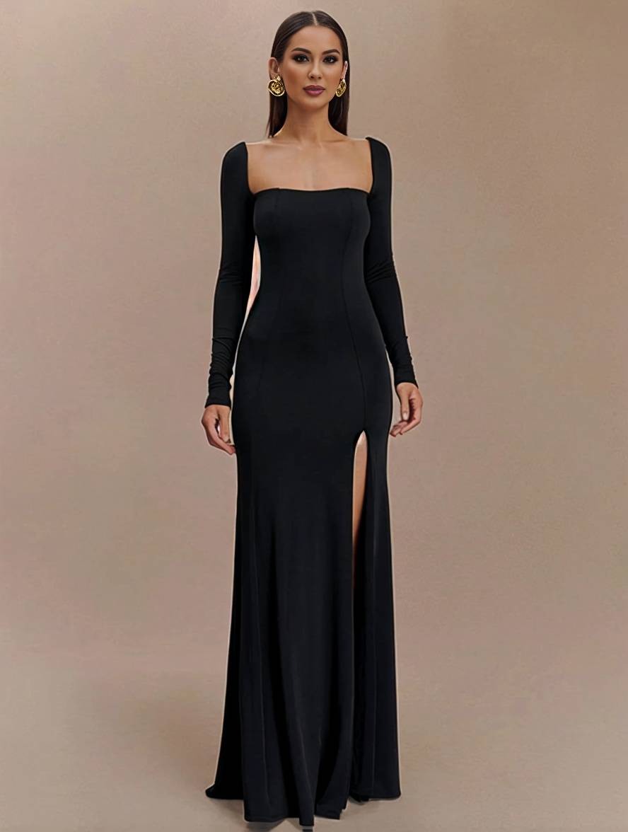 Levoire | Robe Longue Flatteuse Pour La Silhouette Avec Fente Sur Le Côté Dos Nu Décolleté Carré Manches Longues Dames Élégante Décontractée Bal Noir
