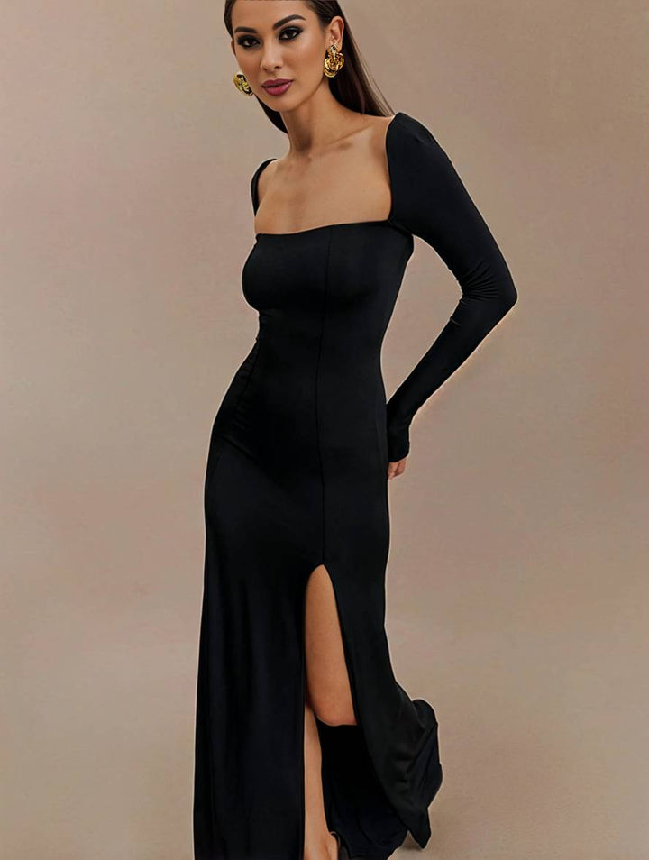 Levoire | Robe Longue Flatteuse Pour La Silhouette Avec Fente Sur Le Côté Dos Nu Décolleté Carré Manches Longues Dames Élégante Décontractée Bal