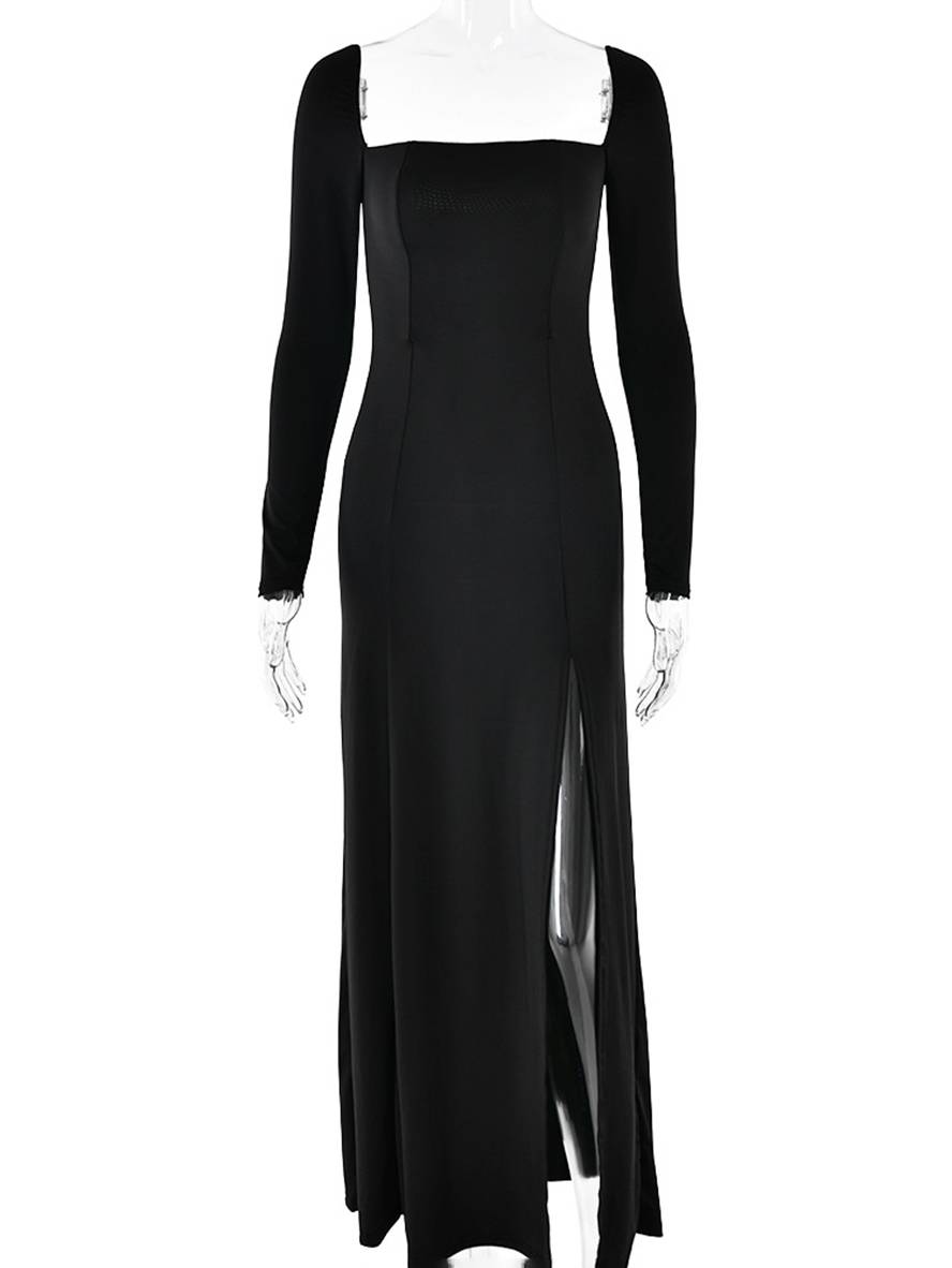 Levoire | Robe Longue Flatteuse Pour La Silhouette Avec Fente Sur Le Côté Dos Nu Décolleté Carré Manches Longues Dames Élégante Décontractée Bal