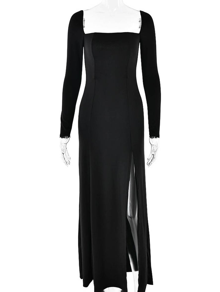 Levoire | Robe Longue Flatteuse Pour La Silhouette Avec Fente Sur Le Côté Dos Nu Décolleté Carré Manches Longues Dames Élégante Décontractée Bal