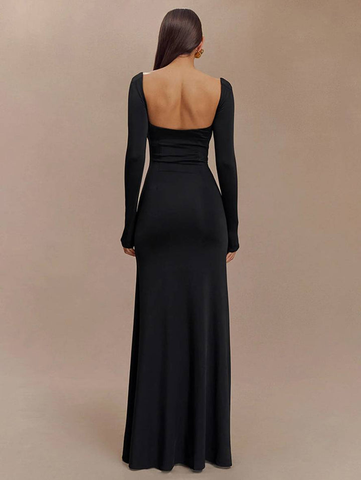Levoire | Robe Longue Flatteuse Pour La Silhouette Avec Fente Sur Le Côté Dos Nu Décolleté Carré Manches Longues Dames Élégante Décontractée Bal