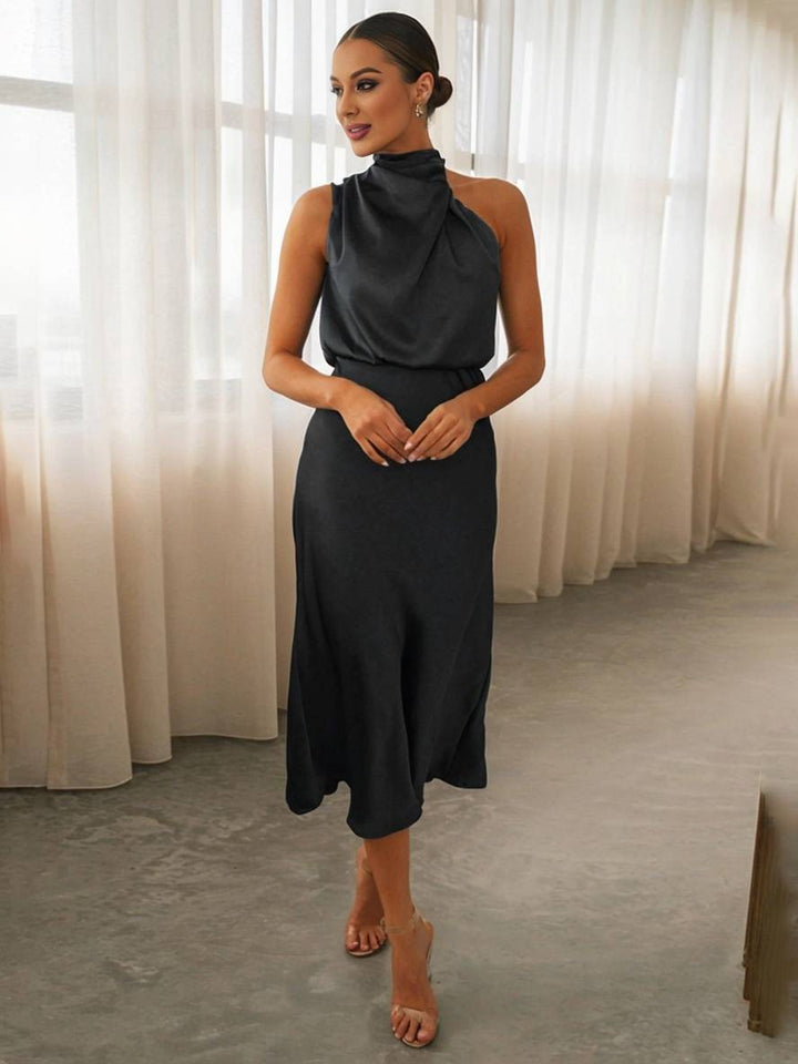 Levoire | Robe De Demoiselle D'Honneur Longue En Satin Col Roulé Irrégulier Sans Manches Élégante Robe De Soirée Pour Mariage Noir