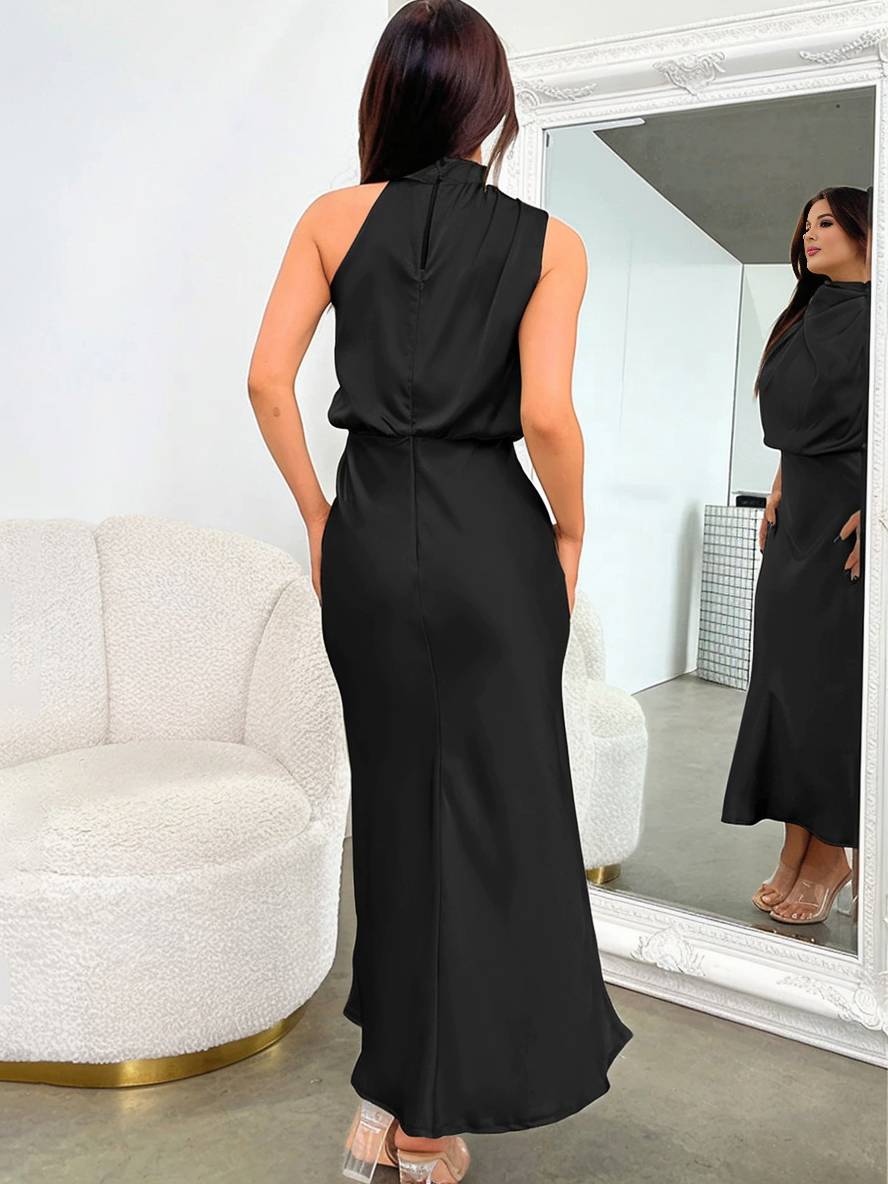 Levoire | Robe De Demoiselle D'Honneur Longue En Satin Col Roulé Irrégulier Sans Manches Élégante Robe De Soirée Pour Mariage