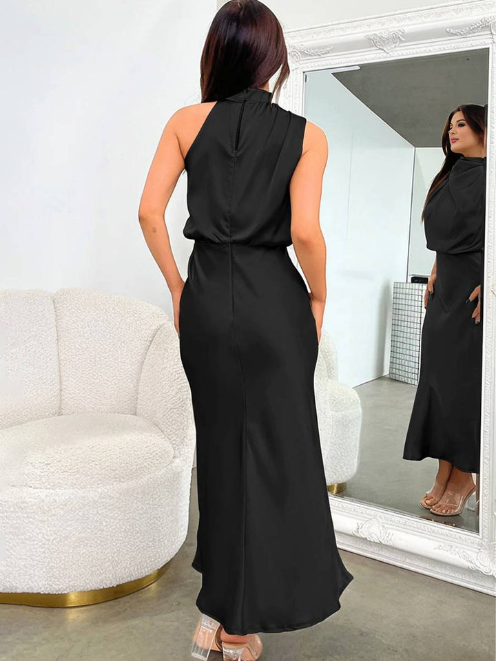 Levoire | Robe De Demoiselle D'Honneur Longue En Satin Col Roulé Irrégulier Sans Manches Élégante Robe De Soirée Pour Mariage