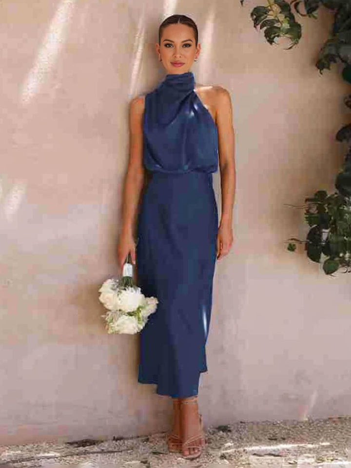 Levoire | Robe De Demoiselle D'Honneur Longue En Satin Col Roulé Irrégulier Sans Manches Élégante Robe De Soirée Pour Mariage Bleu