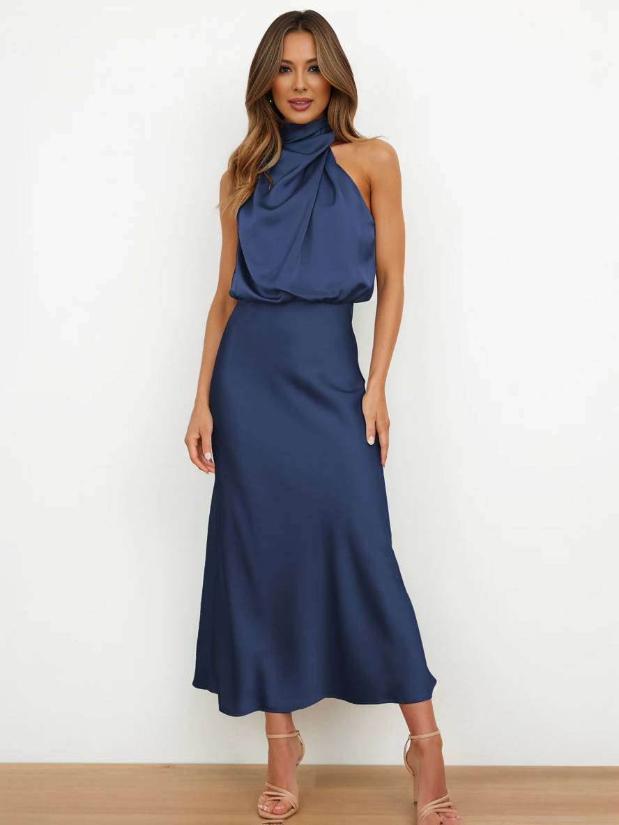 Levoire | Robe De Demoiselle D'Honneur Longue En Satin Col Roulé Irrégulier Sans Manches Élégante Robe De Soirée Pour Mariage