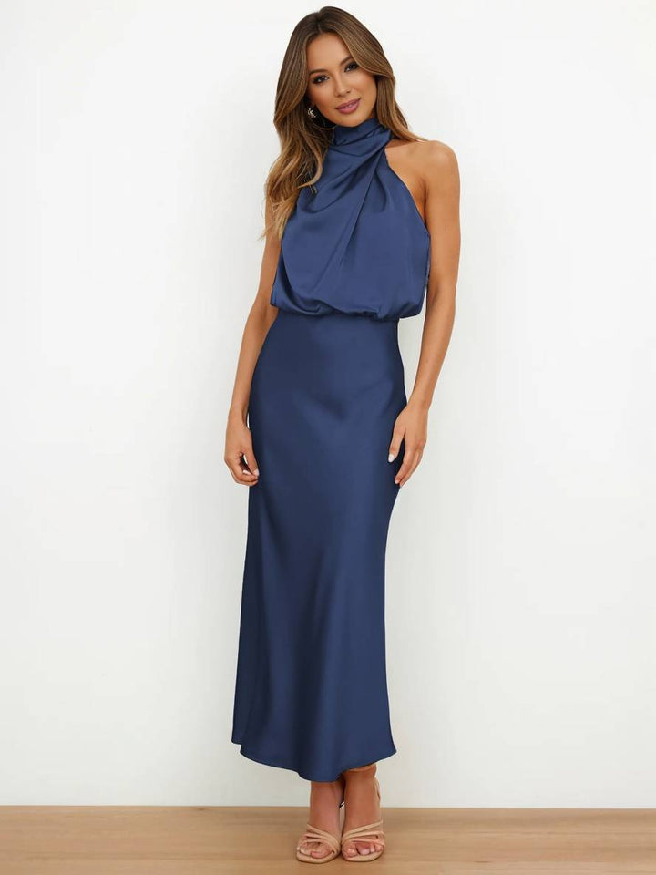 Levoire | Robe De Demoiselle D'Honneur Longue En Satin Col Roulé Irrégulier Sans Manches Élégante Robe De Soirée Pour Mariage