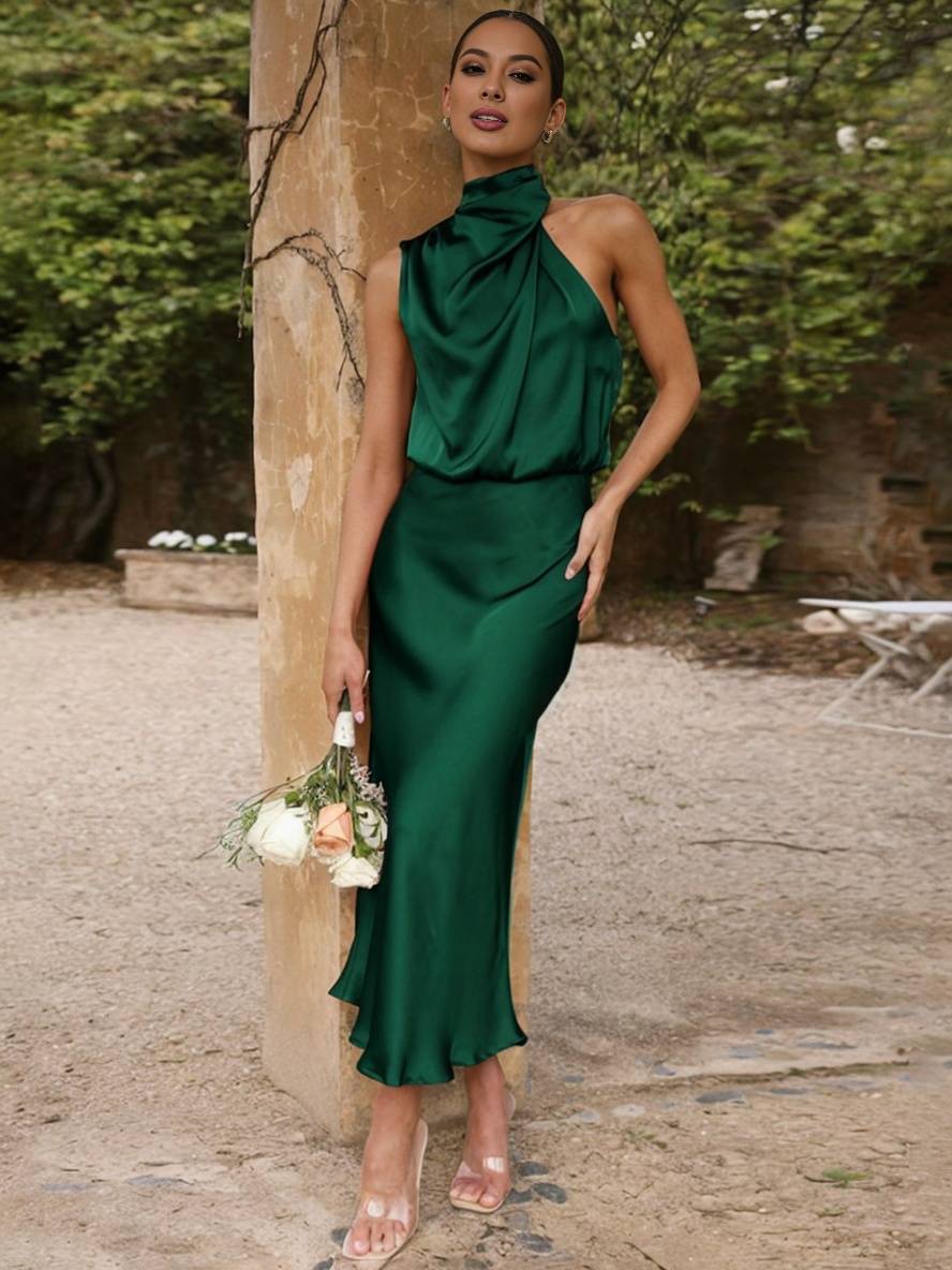 Levoire | Robe De Demoiselle D'Honneur Longue En Satin Col Roulé Irrégulier Sans Manches Élégante Robe De Soirée Pour Mariage Vert foncé