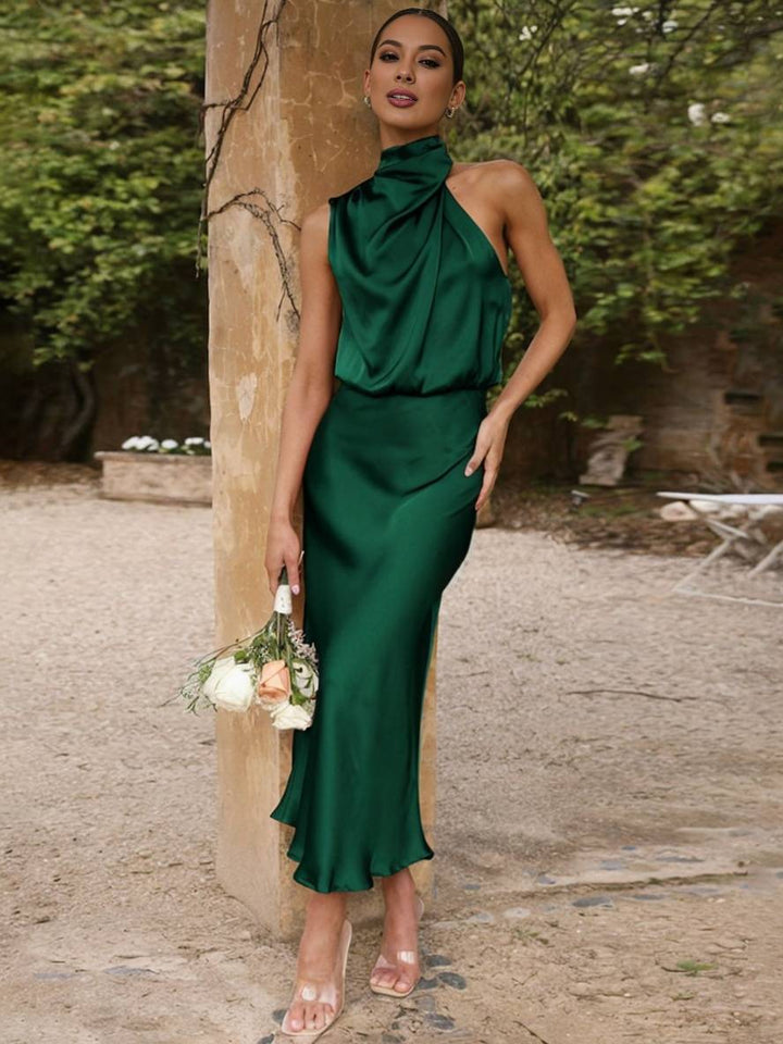 Levoire | Robe De Demoiselle D'Honneur Longue En Satin Col Roulé Irrégulier Sans Manches Élégante Robe De Soirée Pour Mariage Vert foncé