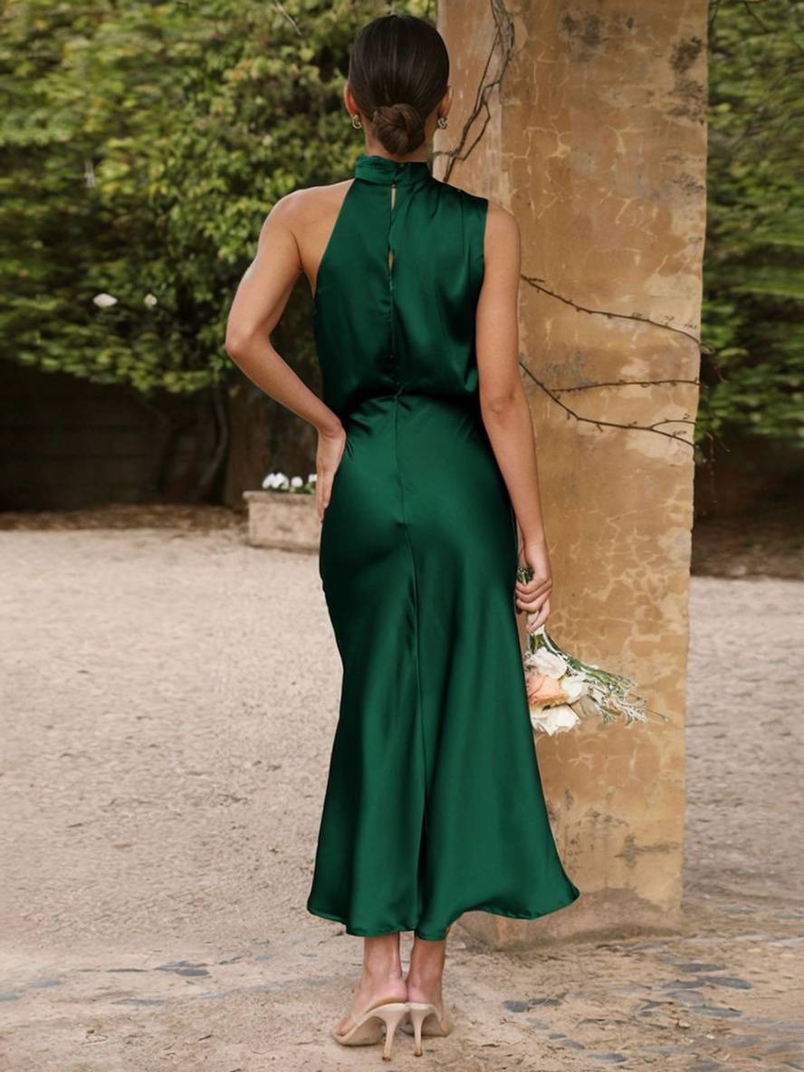 Levoire | Robe De Demoiselle D'Honneur Longue En Satin Col Roulé Irrégulier Sans Manches Élégante Robe De Soirée Pour Mariage