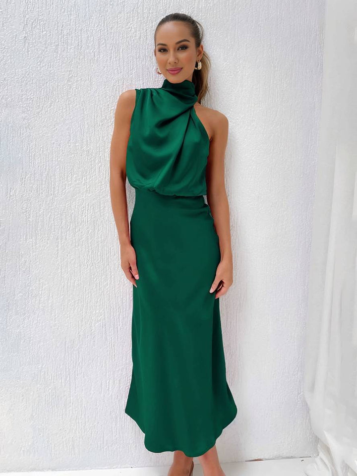 Levoire | Robe De Demoiselle D'Honneur Longue En Satin Col Roulé Irrégulier Sans Manches Élégante Robe De Soirée Pour Mariage