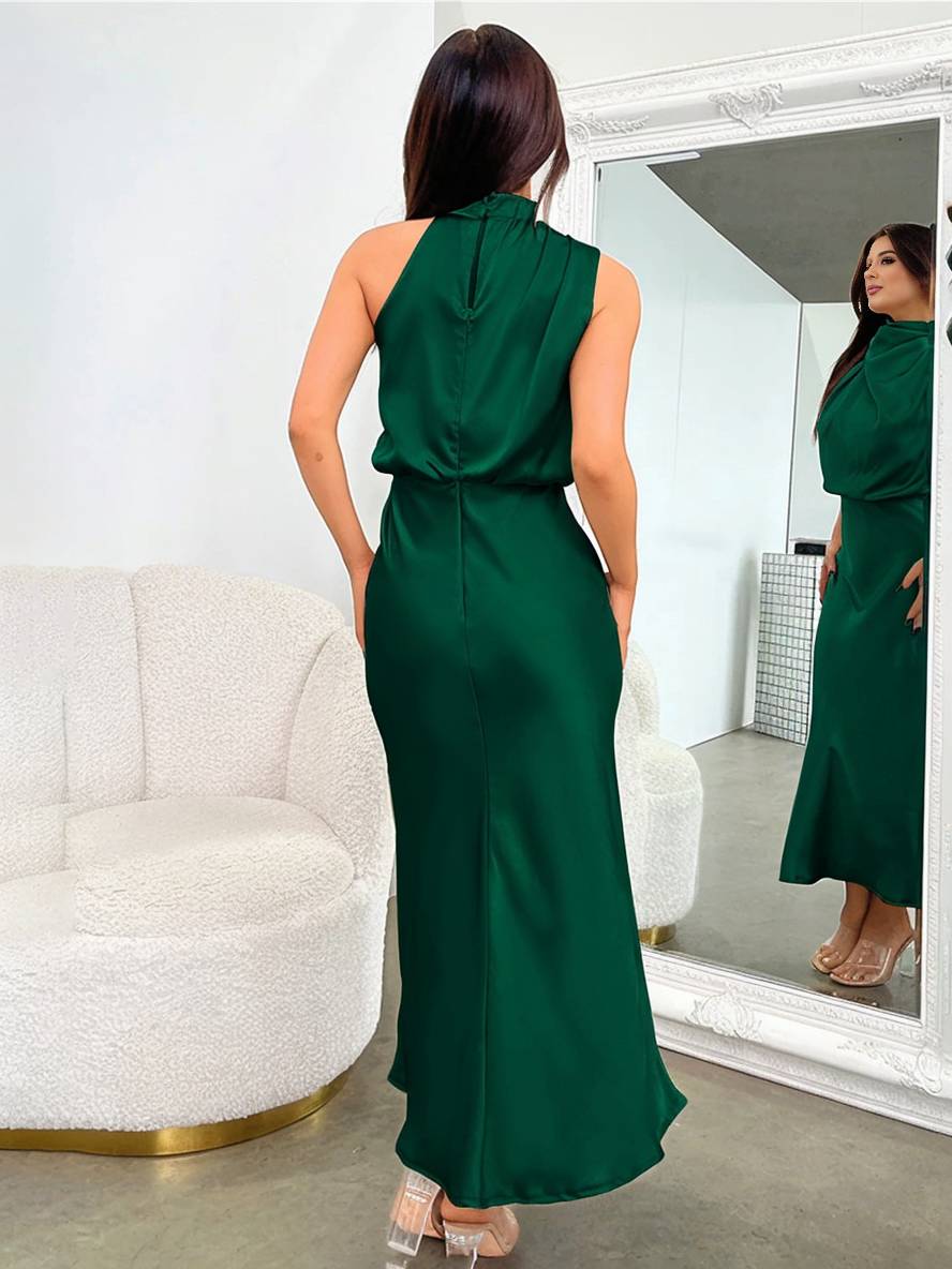 Levoire | Robe De Demoiselle D'Honneur Longue En Satin Col Roulé Irrégulier Sans Manches Élégante Robe De Soirée Pour Mariage