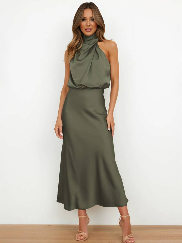 Levoire | Robe De Demoiselle D'Honneur Longue En Satin Col Roulé Irrégulier Sans Manches Élégante Robe De Soirée Pour Mariage Armée Verte