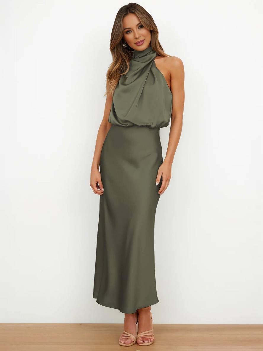 Levoire | Robe De Demoiselle D'Honneur Longue En Satin Col Roulé Irrégulier Sans Manches Élégante Robe De Soirée Pour Mariage
