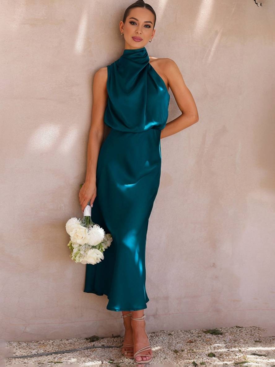 Levoire | Robe De Demoiselle D'Honneur Longue En Satin Col Roulé Irrégulier Sans Manches Élégante Robe De Soirée Pour Mariage Vert d'eau