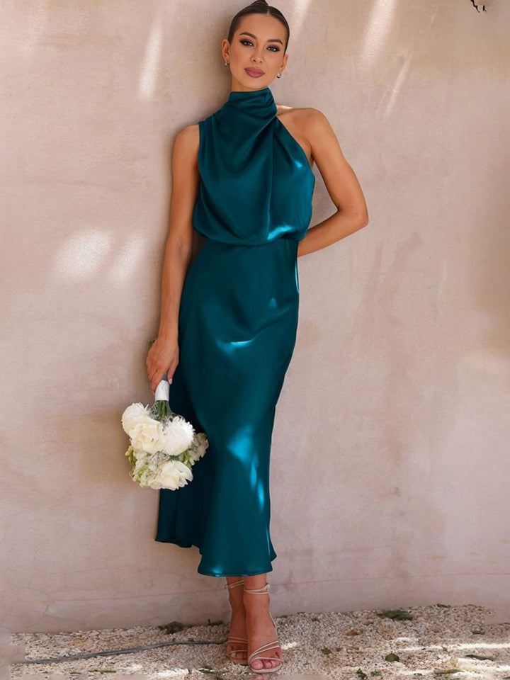 Levoire | Robe De Demoiselle D'Honneur Longue En Satin Col Roulé Irrégulier Sans Manches Élégante Robe De Soirée Pour Mariage Vert d'eau