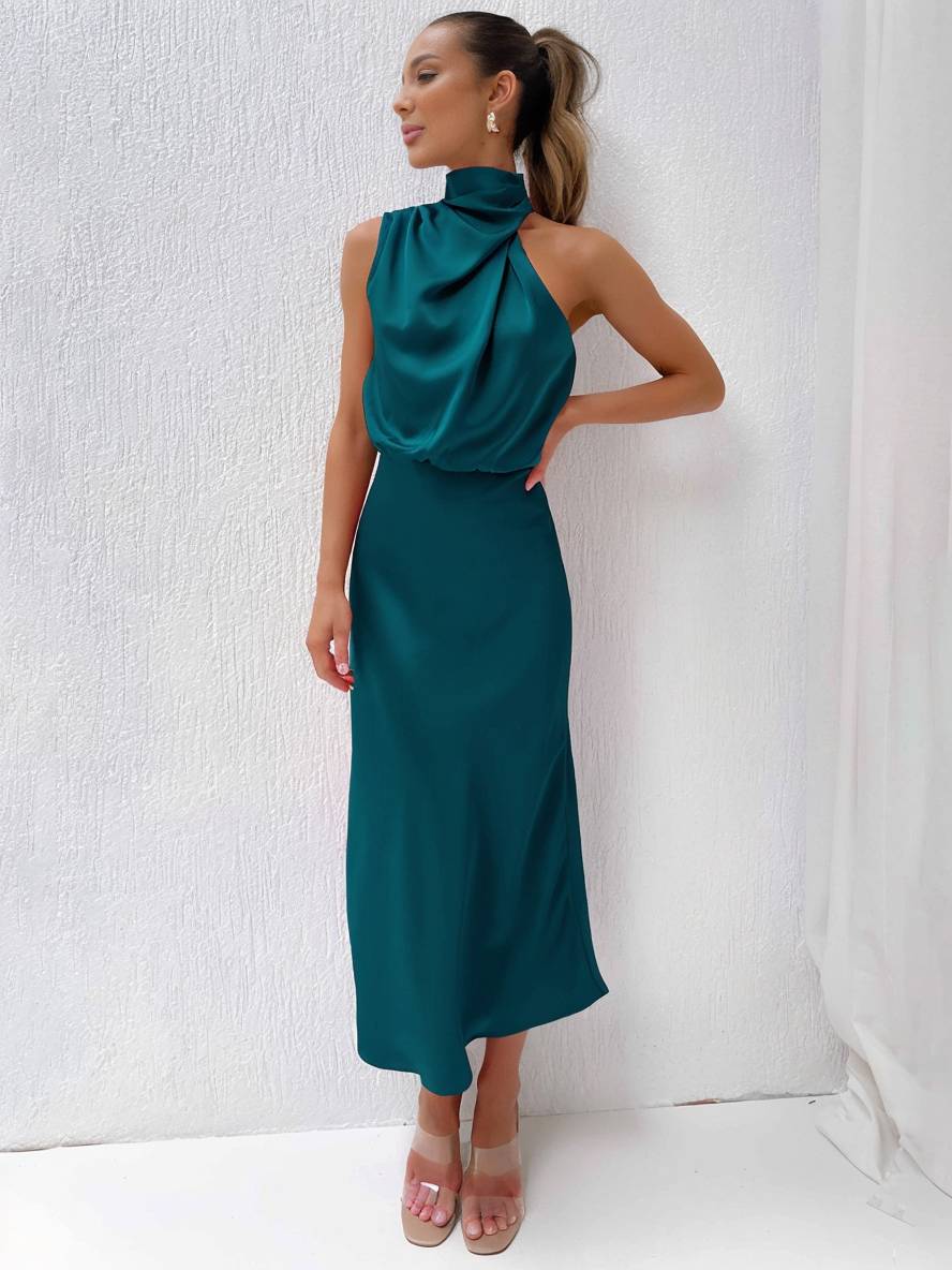 Levoire | Robe De Demoiselle D'Honneur Longue En Satin Col Roulé Irrégulier Sans Manches Élégante Robe De Soirée Pour Mariage
