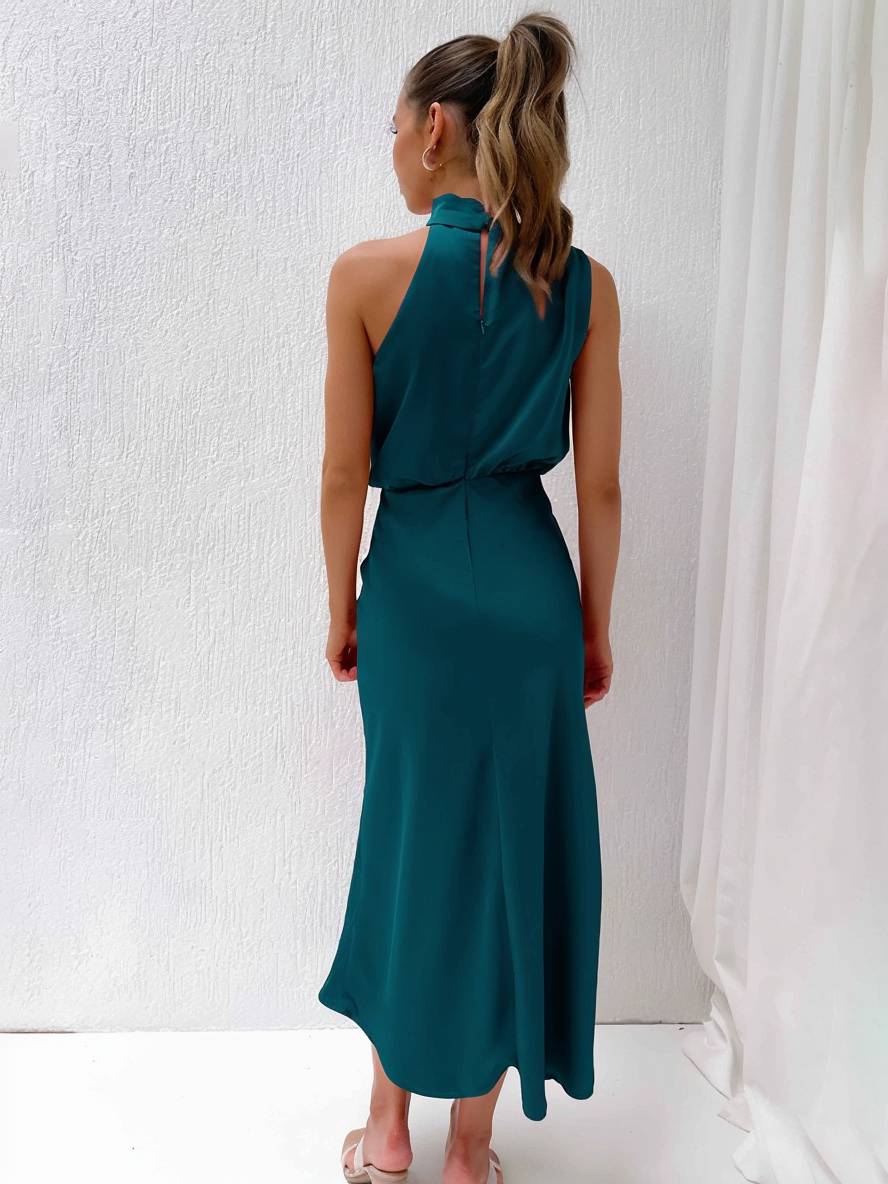 Levoire | Robe De Demoiselle D'Honneur Longue En Satin Col Roulé Irrégulier Sans Manches Élégante Robe De Soirée Pour Mariage