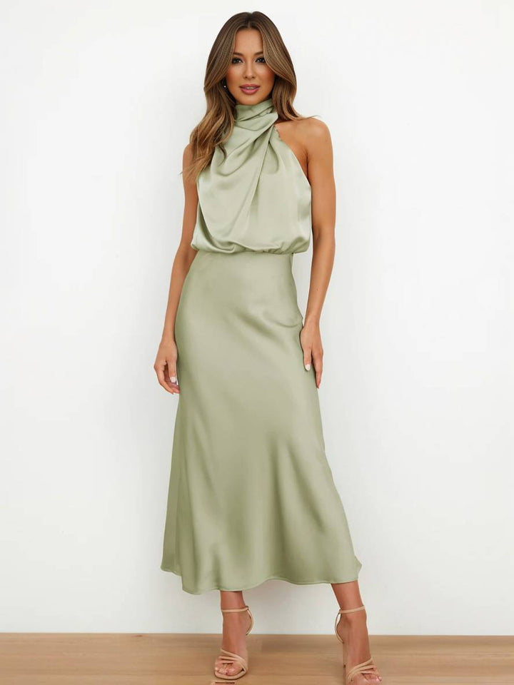 Levoire | Robe De Demoiselle D'Honneur Longue En Satin Col Roulé Irrégulier Sans Manches Élégante Robe De Soirée Pour Mariage Vert pastel