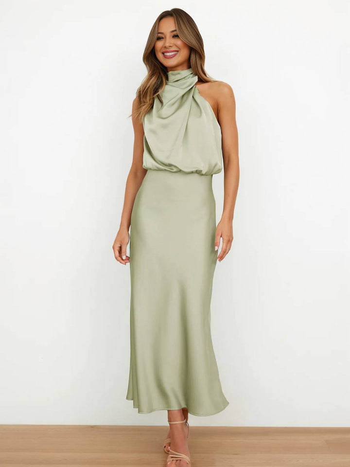 Levoire | Robe De Demoiselle D'Honneur Longue En Satin Col Roulé Irrégulier Sans Manches Élégante Robe De Soirée Pour Mariage