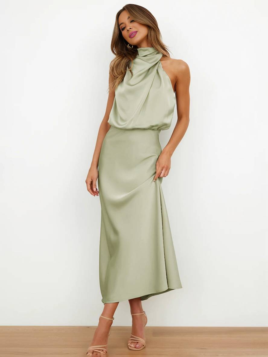 Levoire | Robe De Demoiselle D'Honneur Longue En Satin Col Roulé Irrégulier Sans Manches Élégante Robe De Soirée Pour Mariage