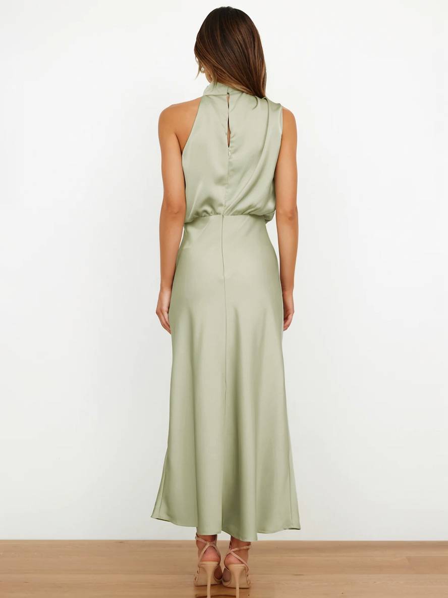 Levoire | Robe De Demoiselle D'Honneur Longue En Satin Col Roulé Irrégulier Sans Manches Élégante Robe De Soirée Pour Mariage