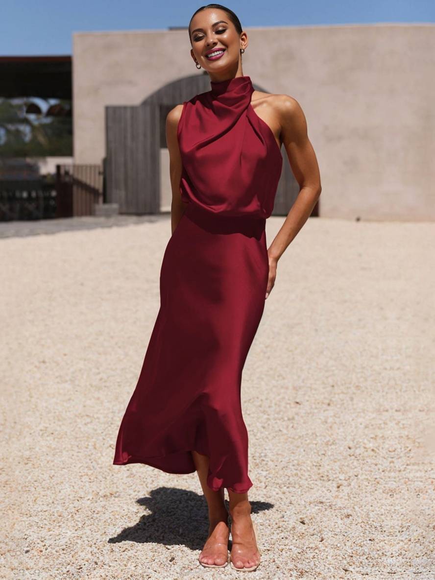 Levoire | Robe De Demoiselle D'Honneur Longue En Satin Col Roulé Irrégulier Sans Manches Élégante Robe De Soirée Pour Mariage Bordeaux