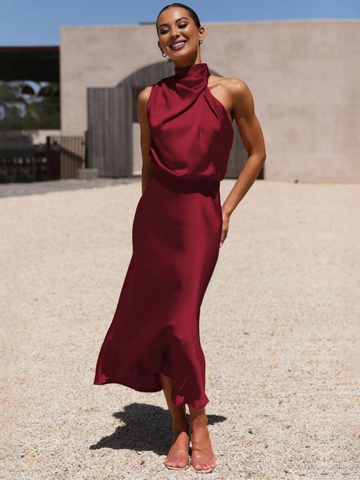 Levoire | Robe De Demoiselle D'Honneur Longue En Satin Col Roulé Irrégulier Sans Manches Élégante Robe De Soirée Pour Mariage Bordeaux
