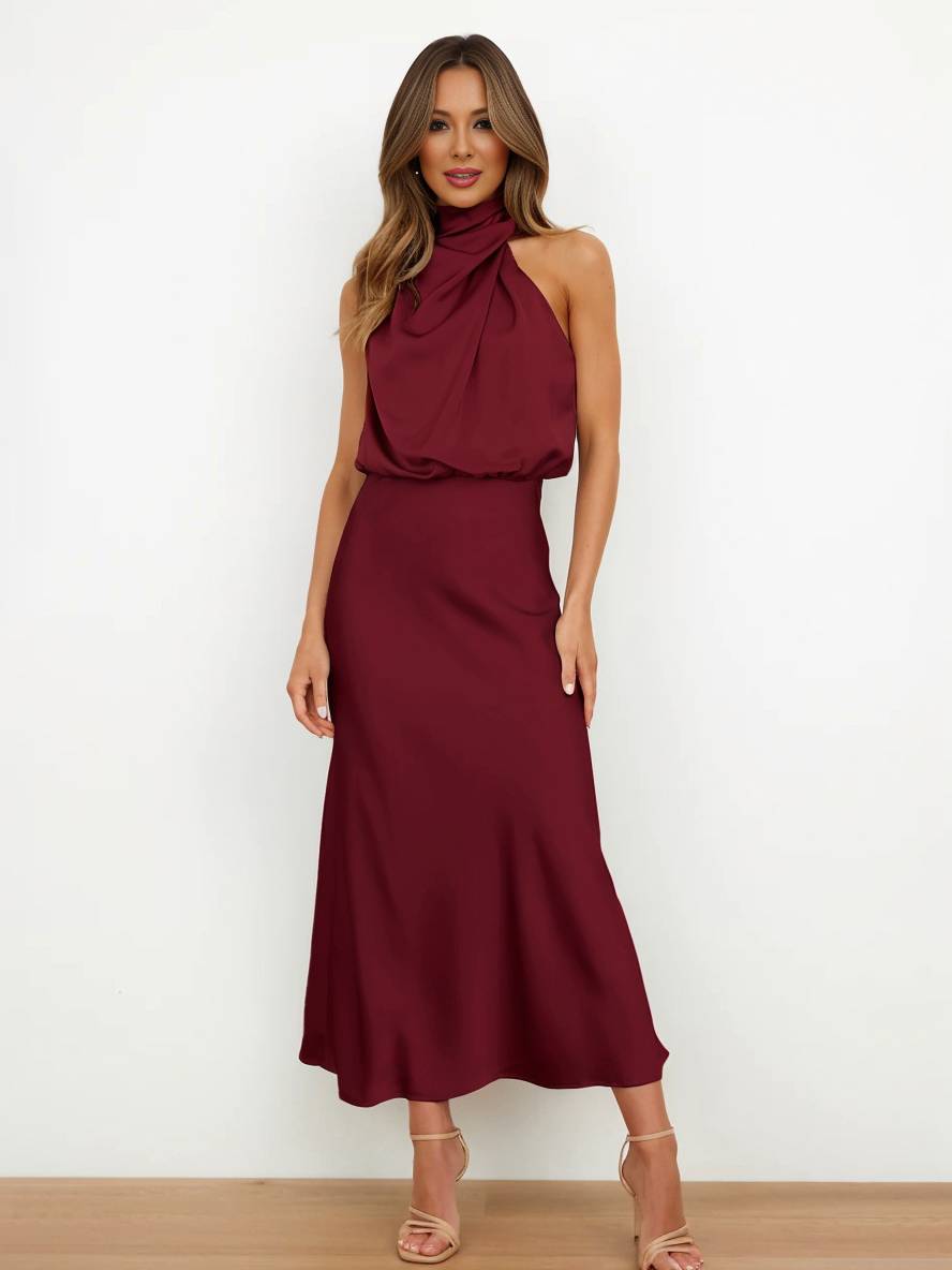 Levoire | Robe De Demoiselle D'Honneur Longue En Satin Col Roulé Irrégulier Sans Manches Élégante Robe De Soirée Pour Mariage