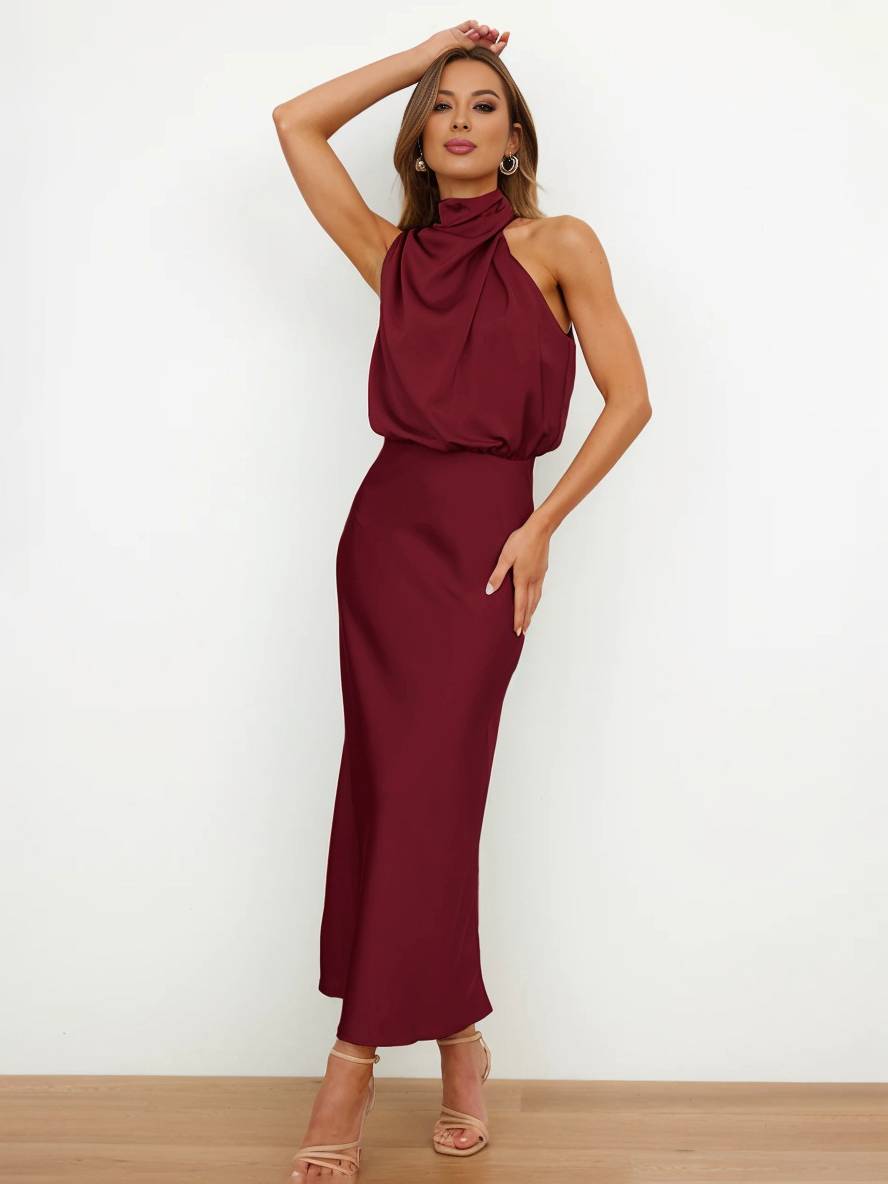 Levoire | Robe De Demoiselle D'Honneur Longue En Satin Col Roulé Irrégulier Sans Manches Élégante Robe De Soirée Pour Mariage