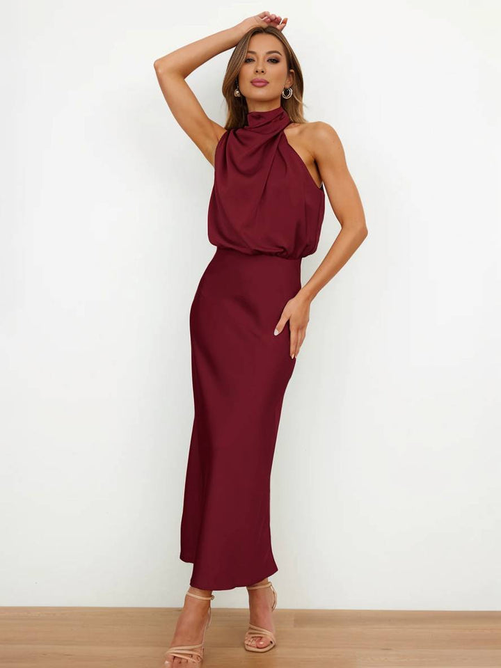 Levoire | Robe De Demoiselle D'Honneur Longue En Satin Col Roulé Irrégulier Sans Manches Élégante Robe De Soirée Pour Mariage