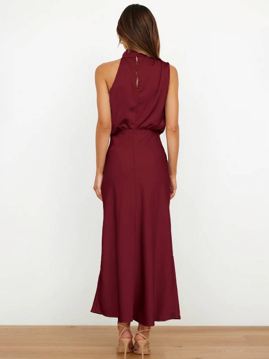 Levoire | Robe De Demoiselle D'Honneur Longue En Satin Col Roulé Irrégulier Sans Manches Élégante Robe De Soirée Pour Mariage