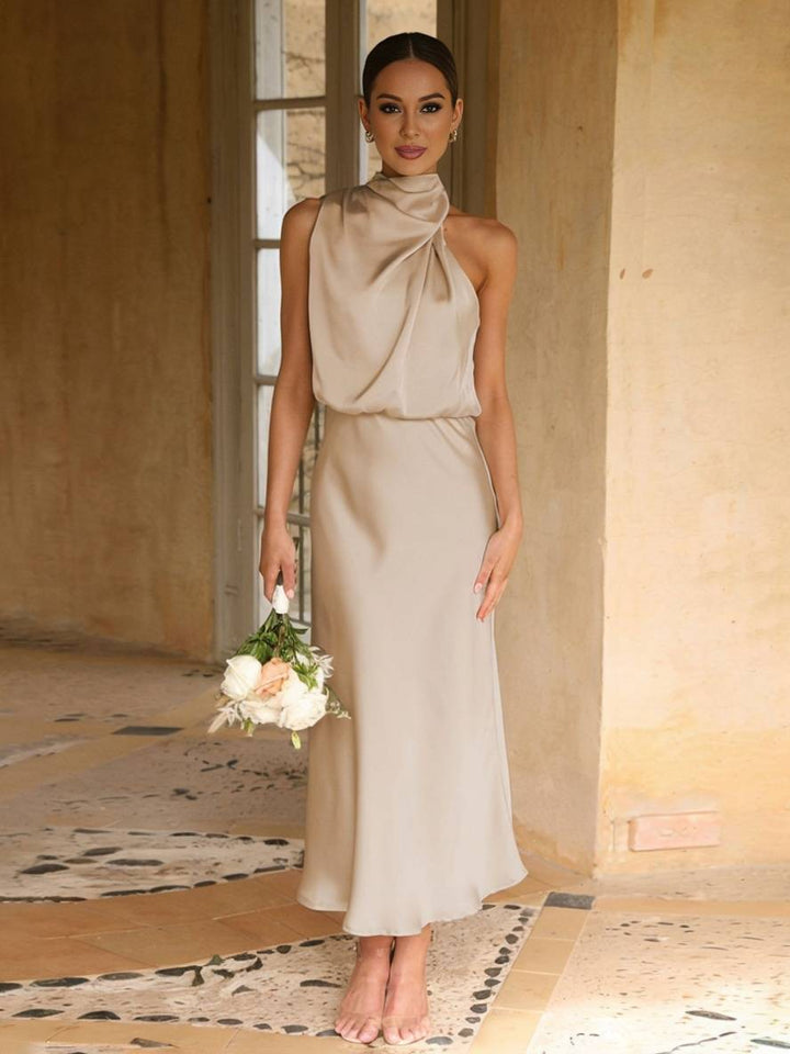 Levoire | Robe De Demoiselle D'Honneur Longue En Satin Col Roulé Irrégulier Sans Manches Élégante Robe De Soirée Pour Mariage Abricot