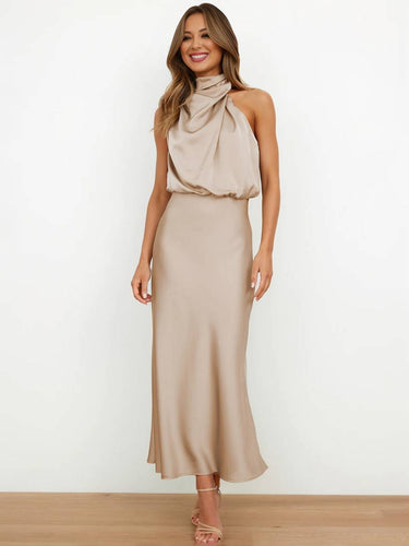 Levoire | Robe De Demoiselle D'Honneur Longue En Satin Col Roulé Irrégulier Sans Manches Élégante Robe De Soirée Pour Mariage