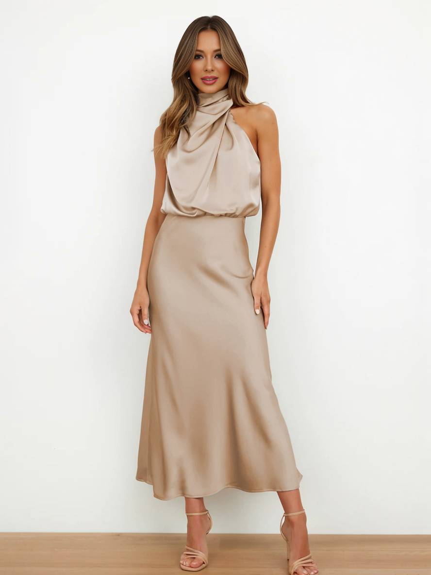 Levoire | Robe De Demoiselle D'Honneur Longue En Satin Col Roulé Irrégulier Sans Manches Élégante Robe De Soirée Pour Mariage