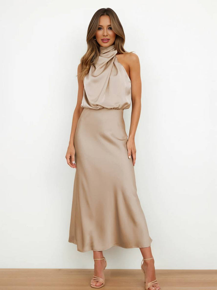 Levoire | Robe De Demoiselle D'Honneur Longue En Satin Col Roulé Irrégulier Sans Manches Élégante Robe De Soirée Pour Mariage