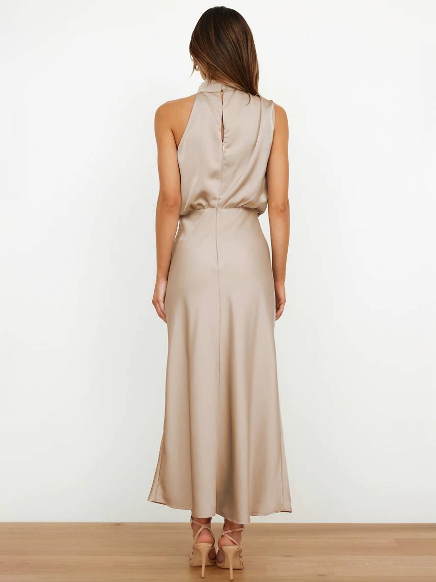 Levoire | Robe De Demoiselle D'Honneur Longue En Satin Col Roulé Irrégulier Sans Manches Élégante Robe De Soirée Pour Mariage