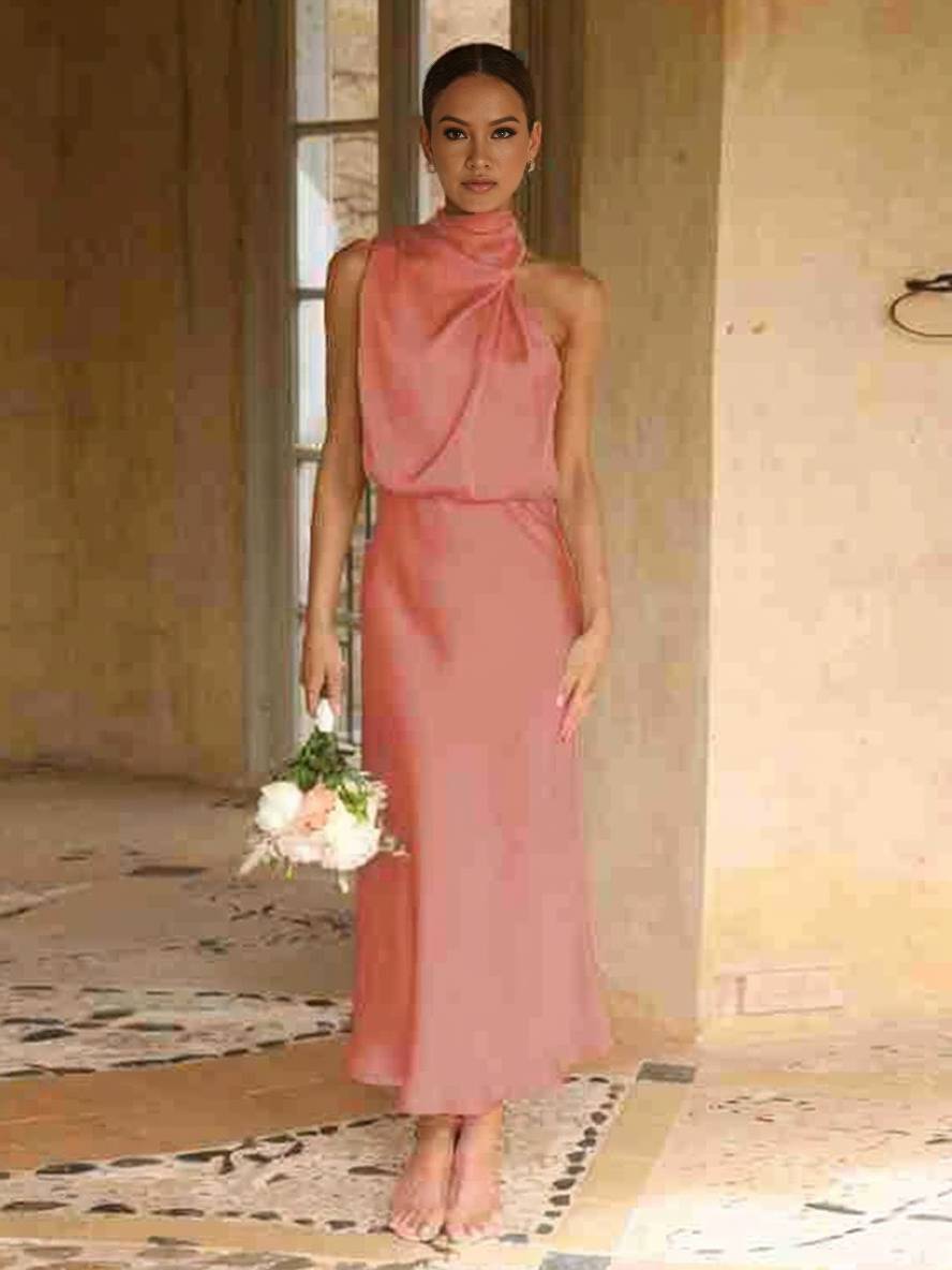Levoire | Robe De Demoiselle D'Honneur Longue En Satin Col Roulé Irrégulier Sans Manches Élégante Robe De Soirée Pour Mariage Rose