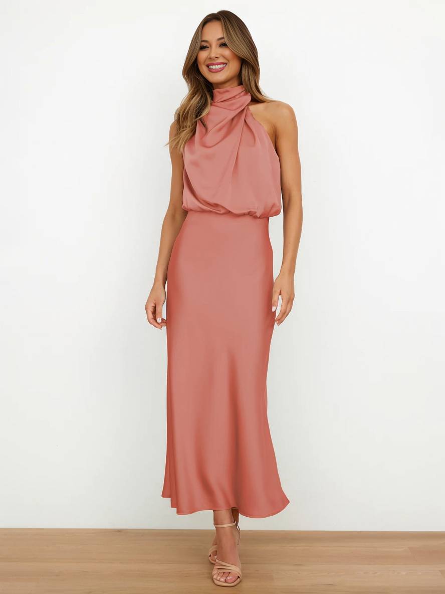 Levoire | Robe De Demoiselle D'Honneur Longue En Satin Col Roulé Irrégulier Sans Manches Élégante Robe De Soirée Pour Mariage