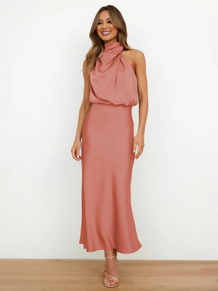 Levoire | Robe De Demoiselle D'Honneur Longue En Satin Col Roulé Irrégulier Sans Manches Élégante Robe De Soirée Pour Mariage