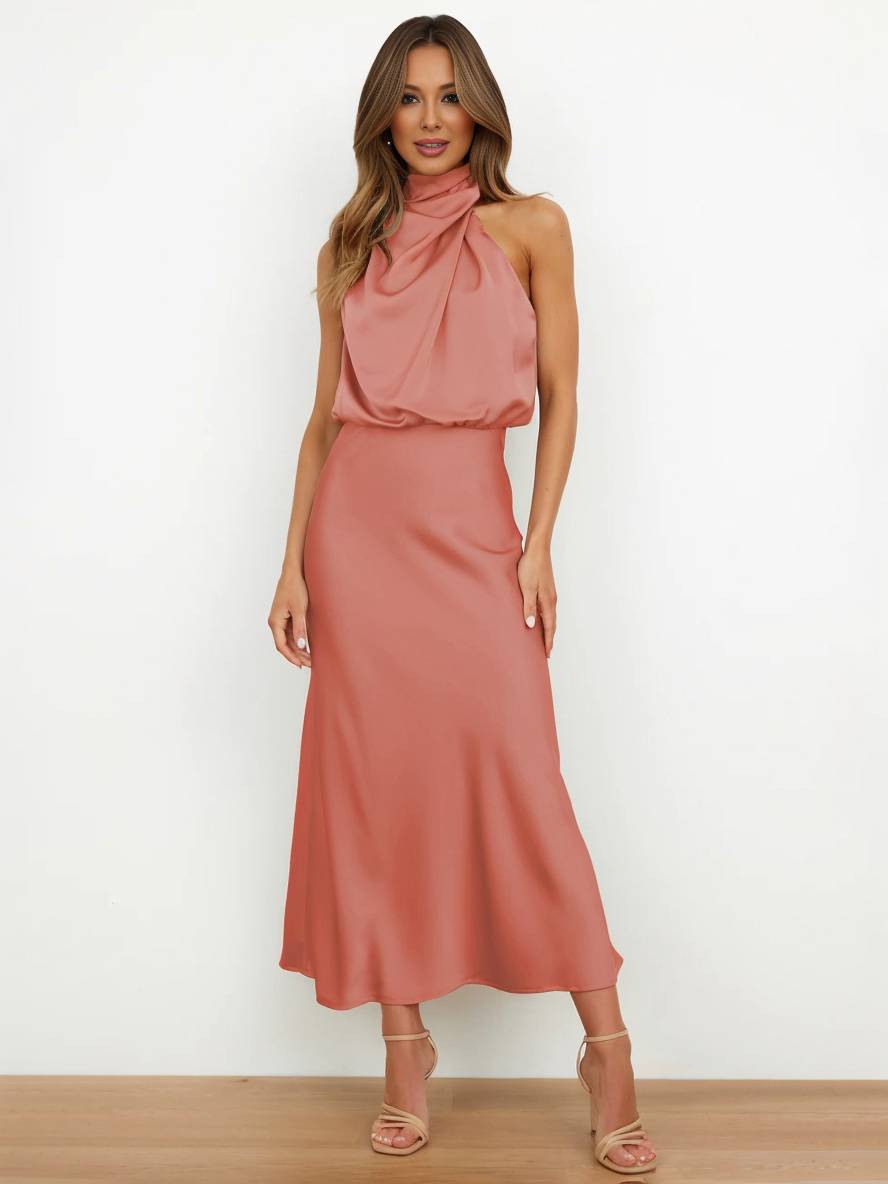 Levoire | Robe De Demoiselle D'Honneur Longue En Satin Col Roulé Irrégulier Sans Manches Élégante Robe De Soirée Pour Mariage
