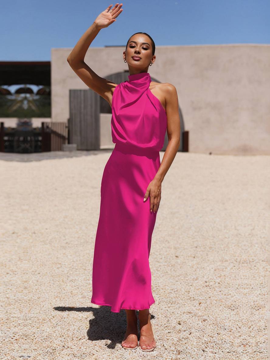 Levoire | Robe De Demoiselle D'Honneur Longue En Satin Col Roulé Irrégulier Sans Manches Élégante Robe De Soirée Pour Mariage Framboise