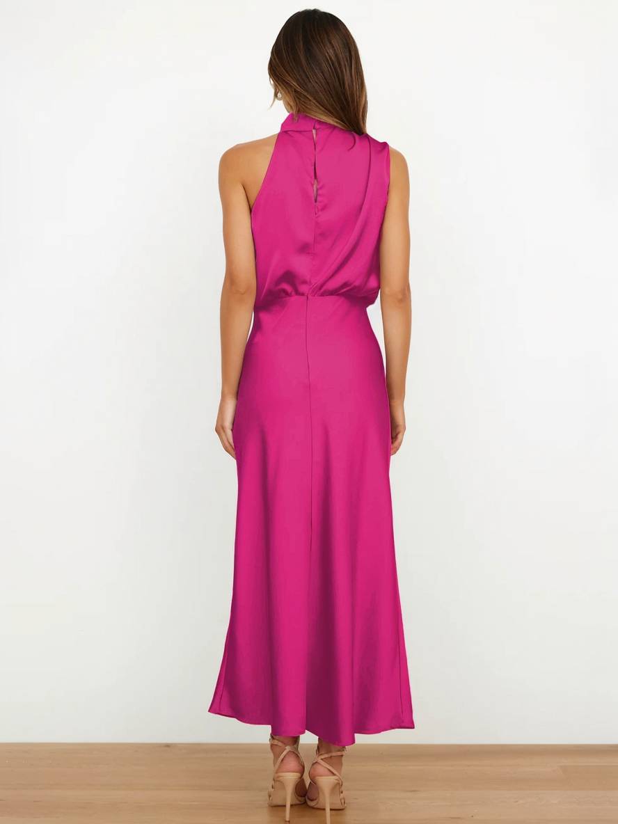 Levoire | Robe De Demoiselle D'Honneur Longue En Satin Col Roulé Irrégulier Sans Manches Élégante Robe De Soirée Pour Mariage