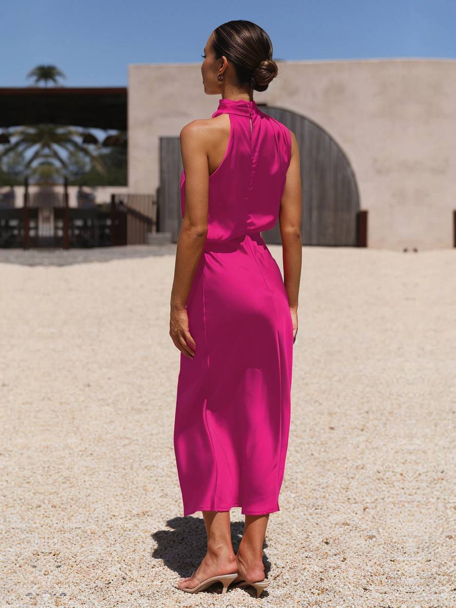 Levoire | Robe De Demoiselle D'Honneur Longue En Satin Col Roulé Irrégulier Sans Manches Élégante Robe De Soirée Pour Mariage