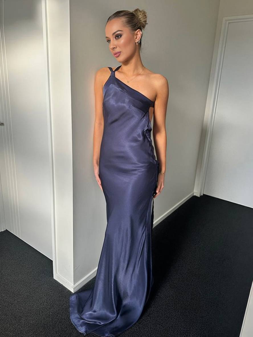 Levoire | Robe Satin Longue Ajustée Une Épaule Dos Nu Ceinture Sans Manches Élégant Soirée Bal Bal De Fin D'Études Campagne