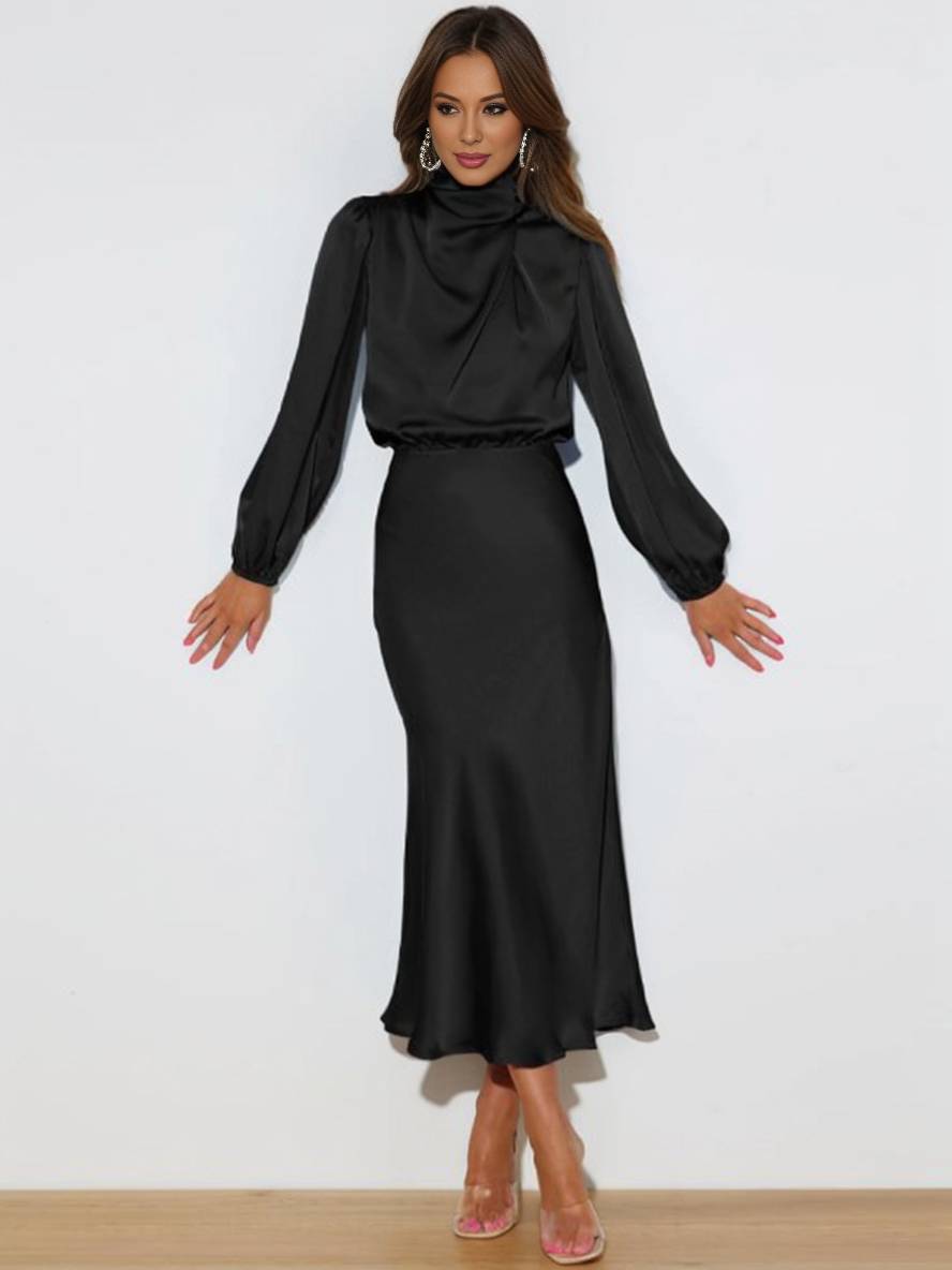 Levoire | Robe En Satin Longue Avec Col Roulé, Manches Longues, Élégante, Invitée De Mariage, Fête, Soirée, Cérémonie Noir