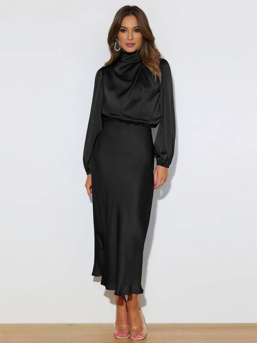 Levoire | Robe En Satin Longue Avec Col Roulé, Manches Longues, Élégante, Invitée De Mariage, Fête, Soirée, Cérémonie