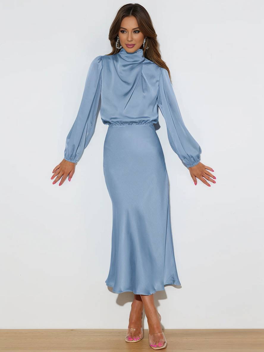 Levoire | Robe En Satin Longue Avec Col Roulé, Manches Longues, Élégante, Invitée De Mariage, Fête, Soirée, Cérémonie Bleu