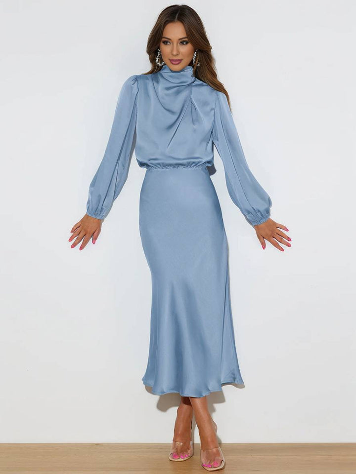Levoire | Robe En Satin Longue Avec Col Roulé, Manches Longues, Élégante, Invitée De Mariage, Fête, Soirée, Cérémonie Bleu