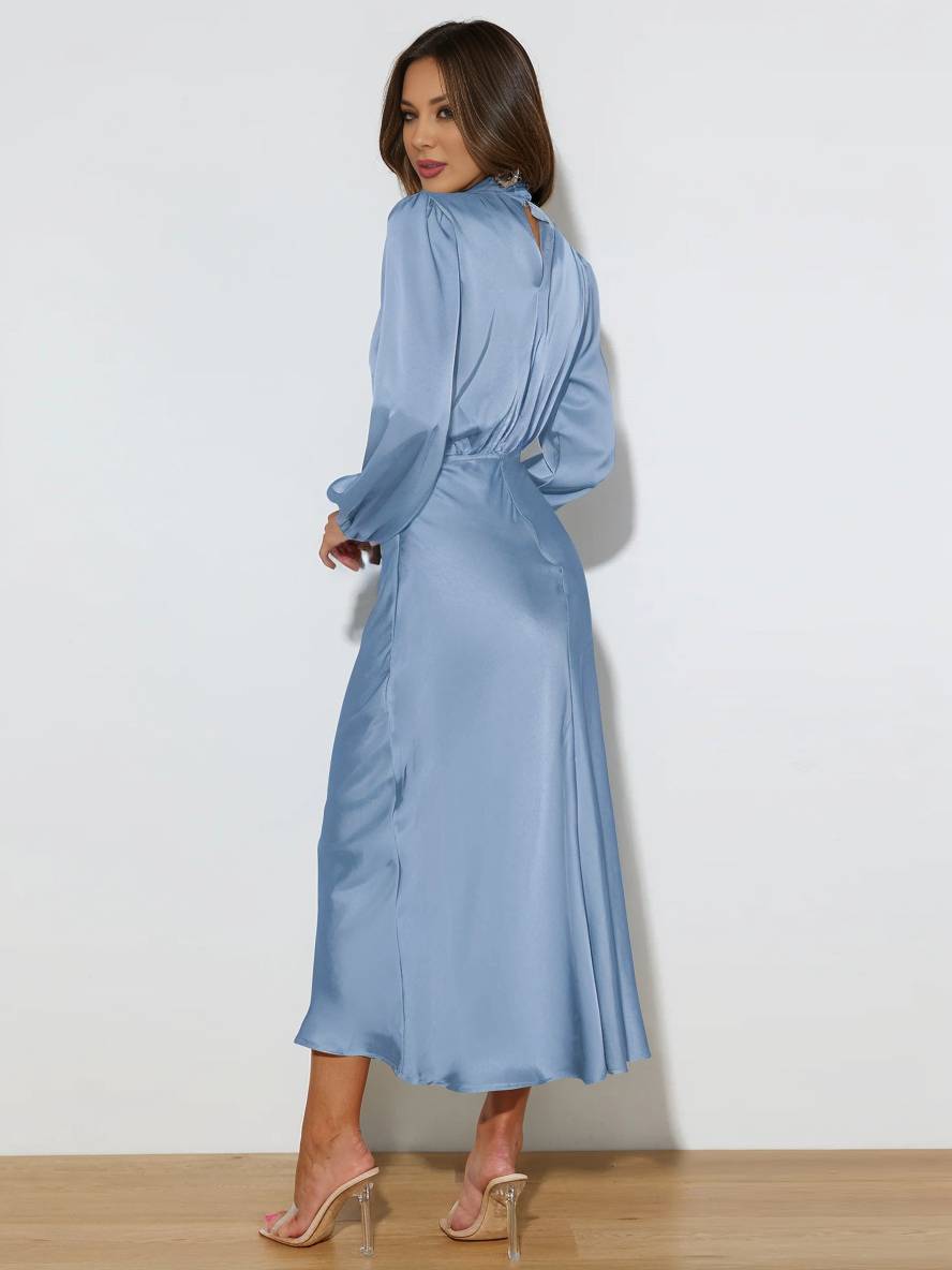 Levoire | Robe En Satin Longue Avec Col Roulé, Manches Longues, Élégante, Invitée De Mariage, Fête, Soirée, Cérémonie